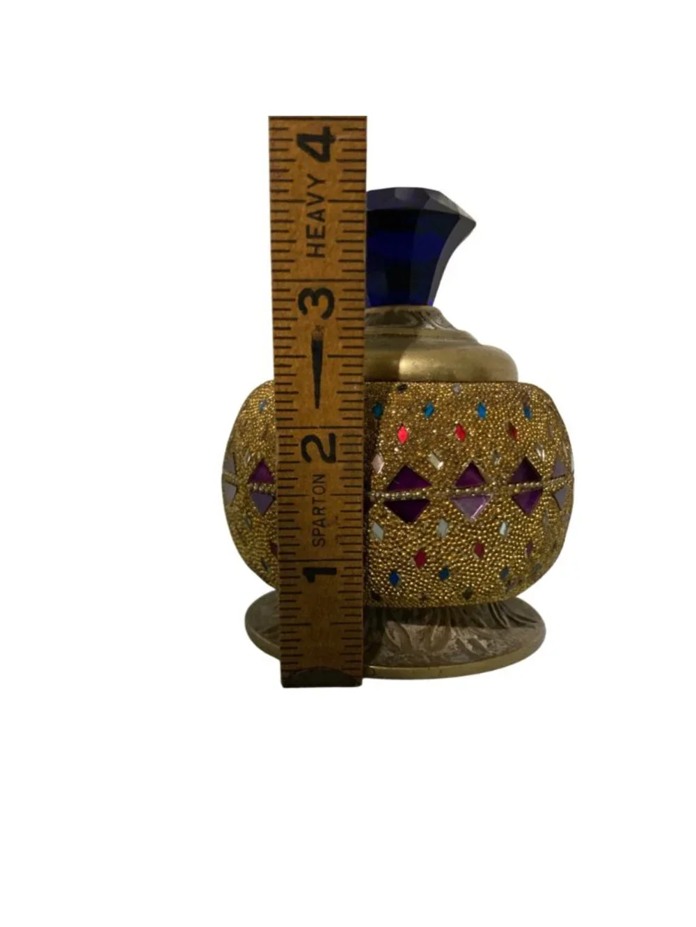 Vintage Gold And Jewel-Tone Mosaic Decorative Trinket Box With Blue Faceted Lid